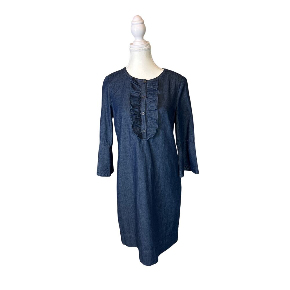 Draper James | Blue Chambray Denim Ruffle Accent 3/4 Bell Sleeve Dress | 4